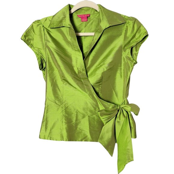 Sunny Leigh Womens 100% Silk Green Y2K Cyber Metallic Party Date Wrap Top Size 4 - Picture 1 of 8